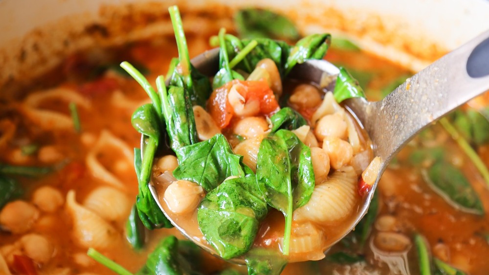 spinach in Pasta E Fagioli with spoon