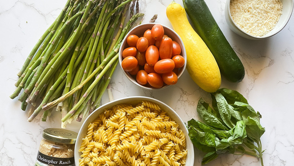 Ingredients for pasta primavera recipe on counter