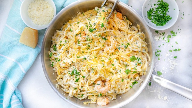 pan of shrimp fettuccine Alfredo 