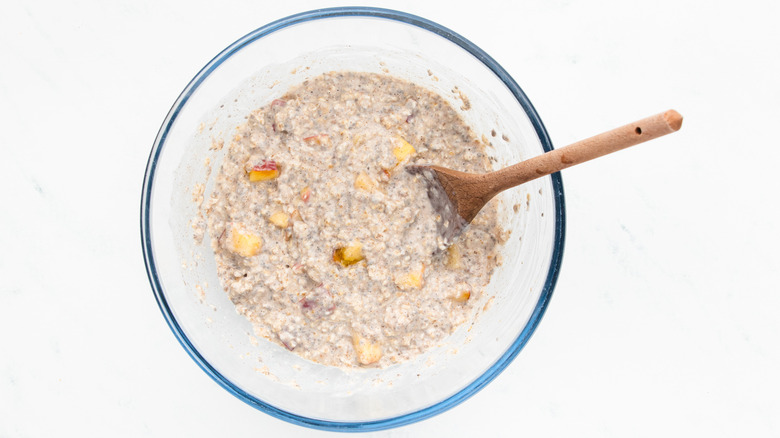 peach and cinnamon overnight oats in bowl