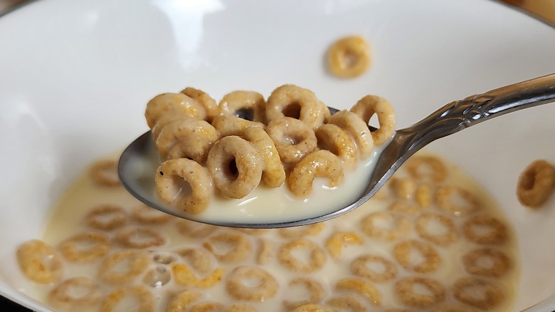 spoonful of Peach Mango Cheerios in milk