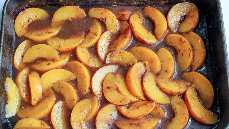 pan with canned peaches