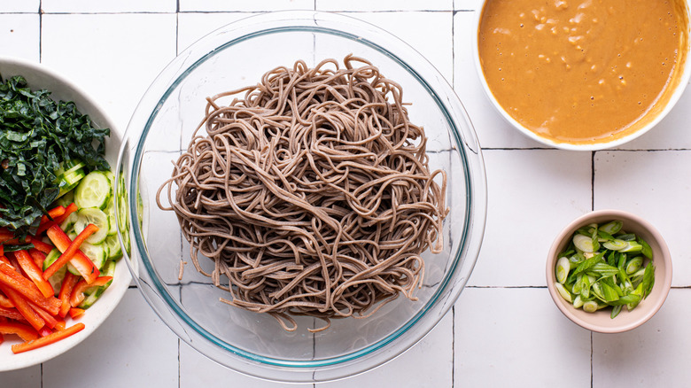 prepared soba noodle salad ingredients 