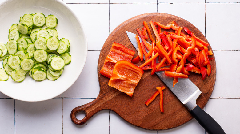 sliced peppers and cucumbers