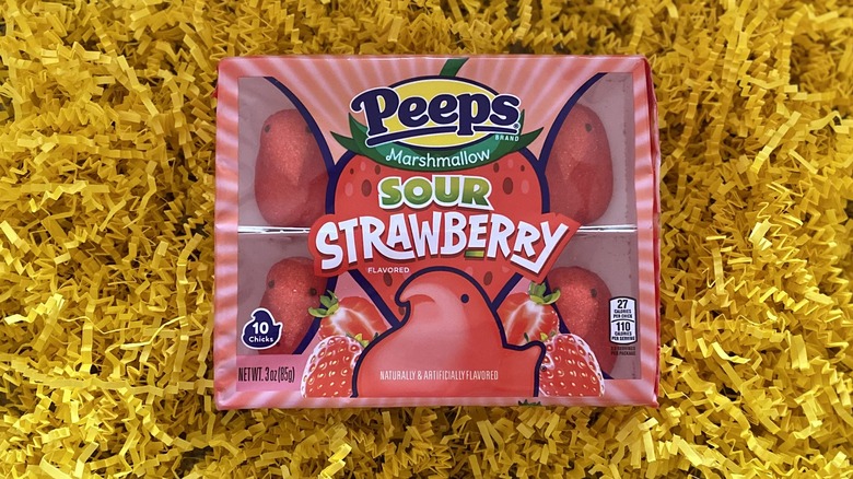 Sour Strawberry Peeps in Easter basket grass