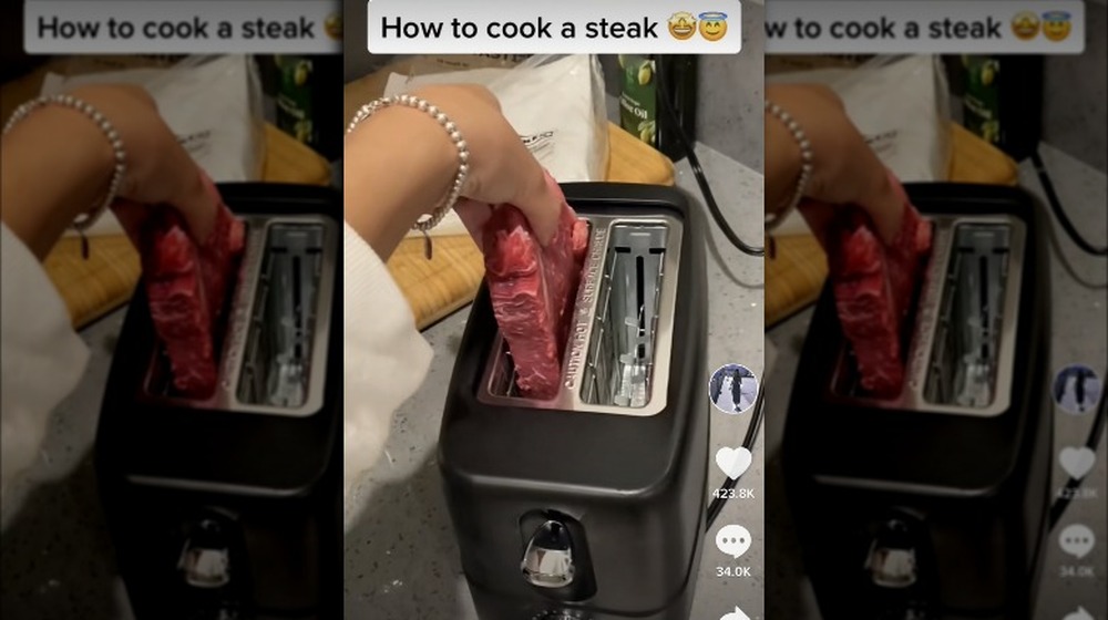 Still from "How to cook a steak" TikTok using toaster