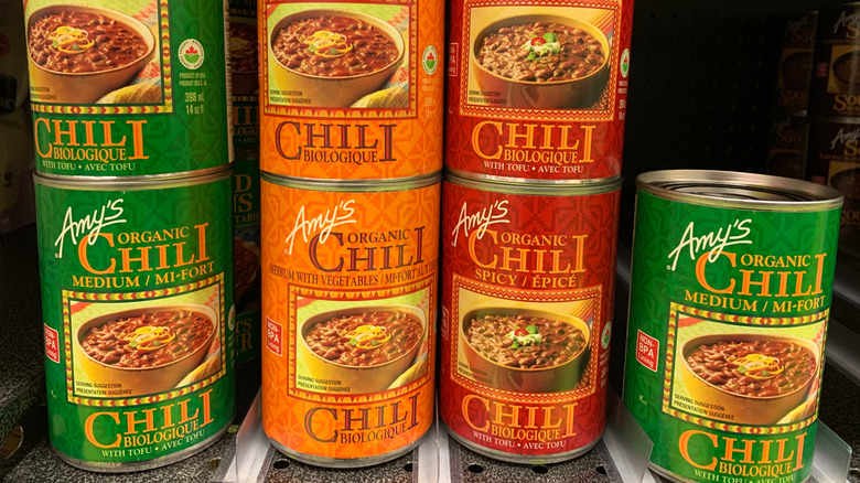 Stacked Amy's Kitchen cans of chili