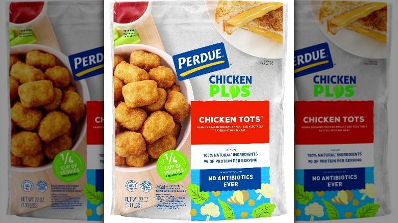 package of Perdue Chicken Plus Chicken Tots with chicken tots in bowl with bowl of ketchup and plate with grilled cheese on bag