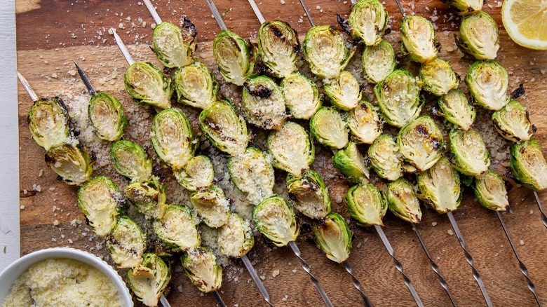 seasoned skewered grilled brussels sprouts