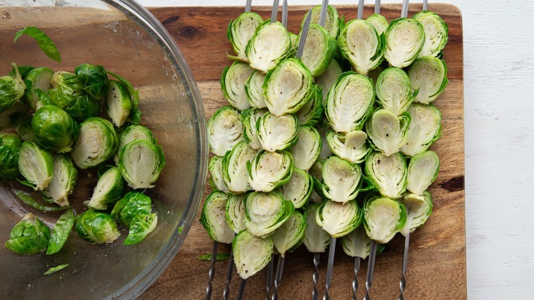 skewered steamed brussels sprouts