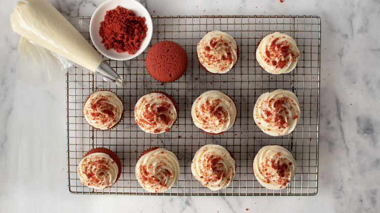 red velvet cupcakes on rack