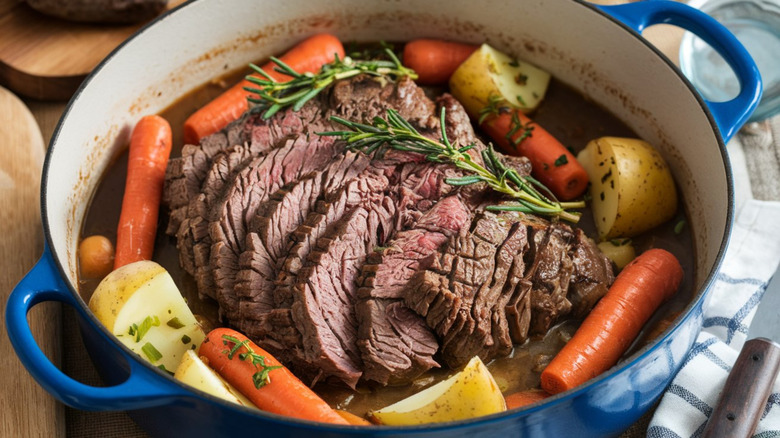 Pot roast in blue poy with herbs and vegetables