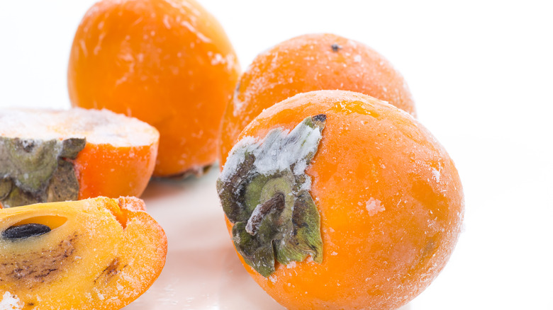 frozen persimmons against a white background
