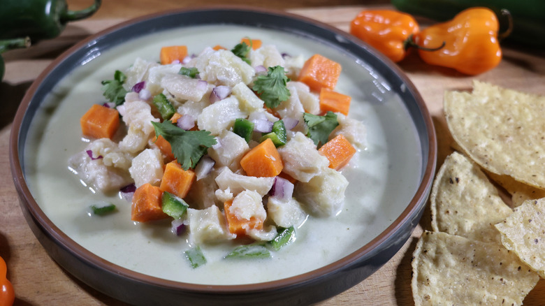 plate of Peruvian-style ceviche with leche de tigre