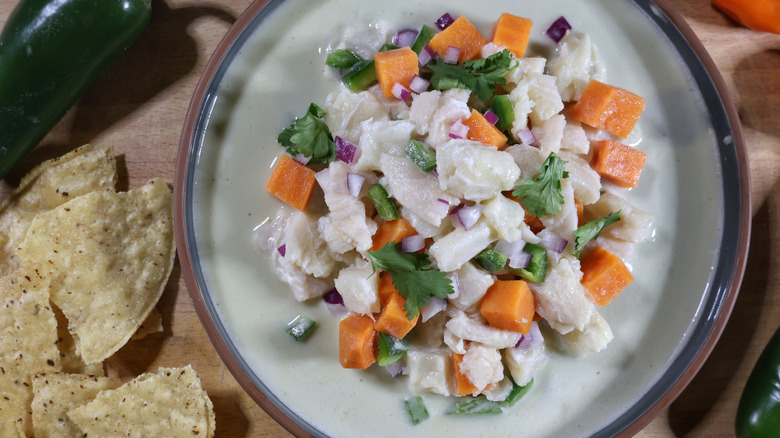 plate of Peruvian-style ceviche with leche de tigre