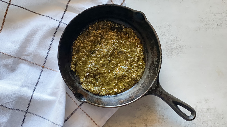 pesto in a skillet 