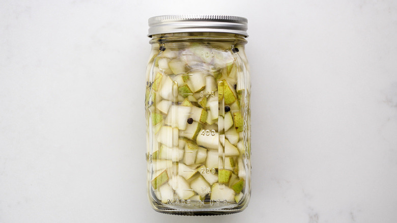 pickled pears in glass jar