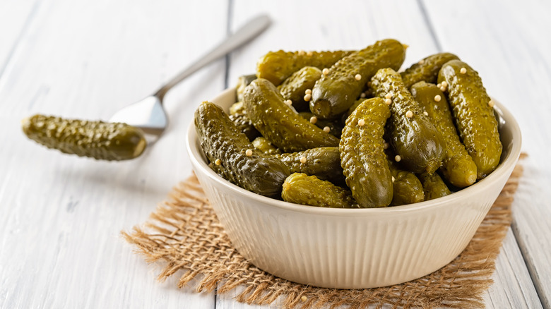 Pickles in white bowl