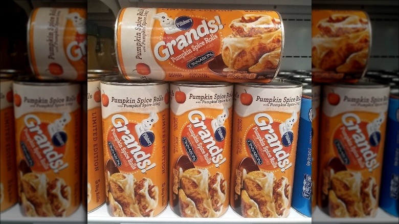 Pillsbury Grands Pumpkin Spice Rolls cans stacked on shelf