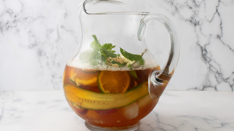 pitcher with ice fruit liquid