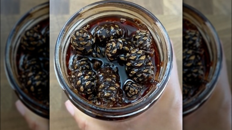 Open jar of pine cone jam