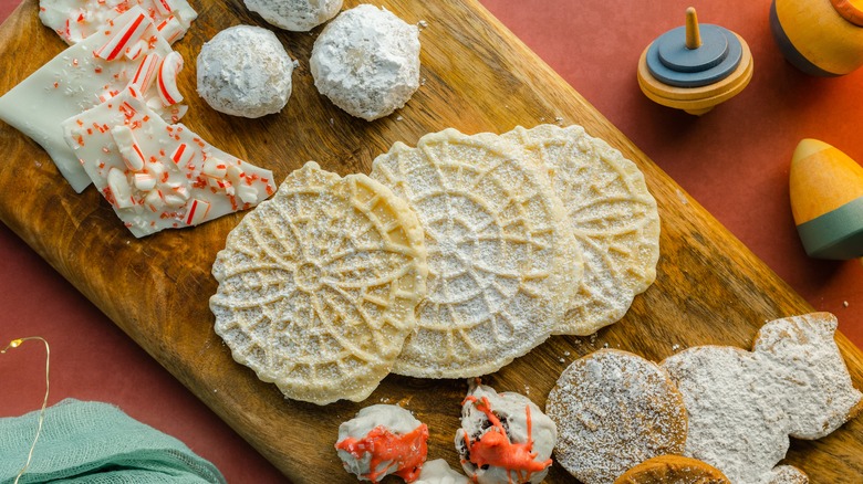 Pizzelle on a Christmas cookie tray