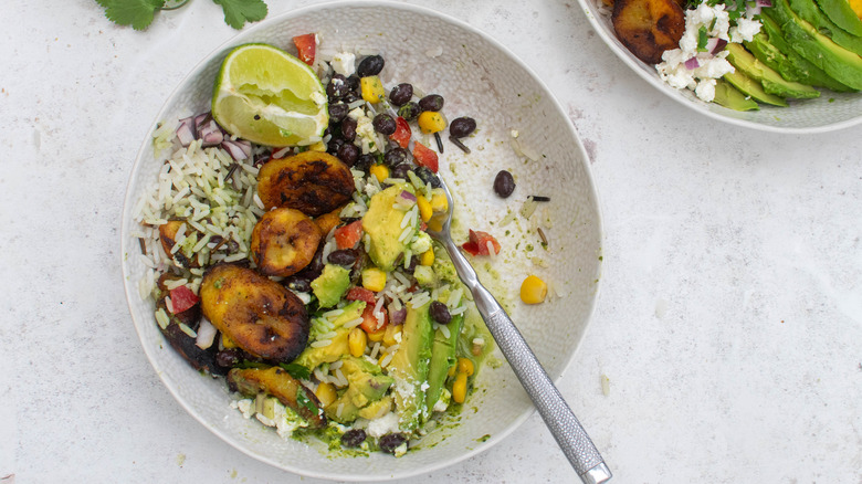 plantain and wild rice salad with fork