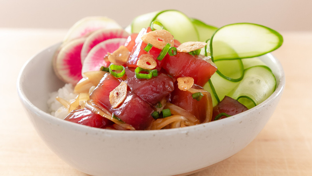 single serving poke in white bowl