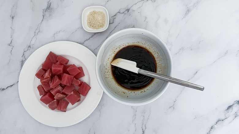 tuna and sauce in bowl