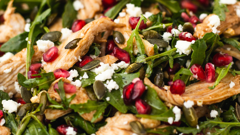 Close up of pomegranate chicken salad