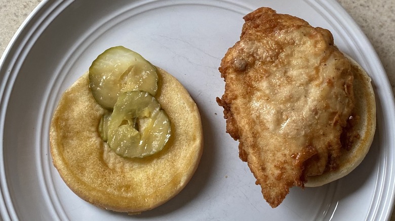 Chick-fil-A sandwich opened on plate