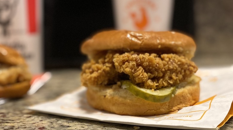 Popeye's chicken sandwich on counter