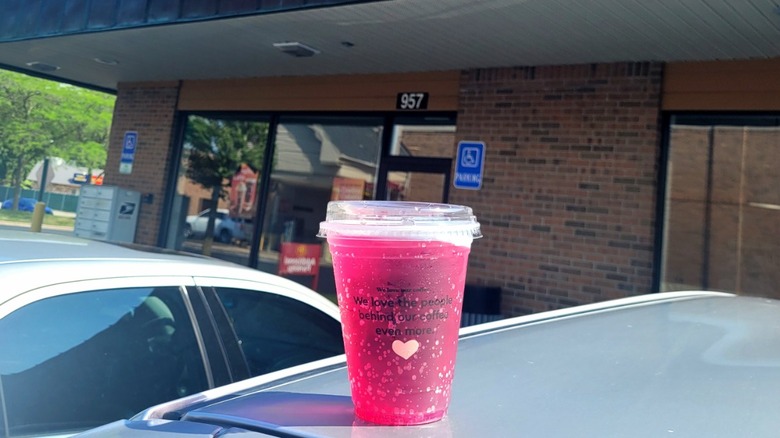 Biggby coffee sign, pear-adise drink