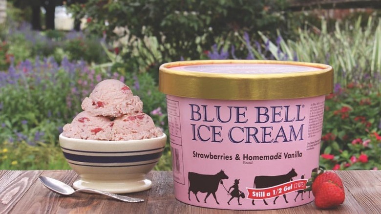 Blue Bell Strawberries & Homemade Vanilla Ice Cream Container and Bowl on Table