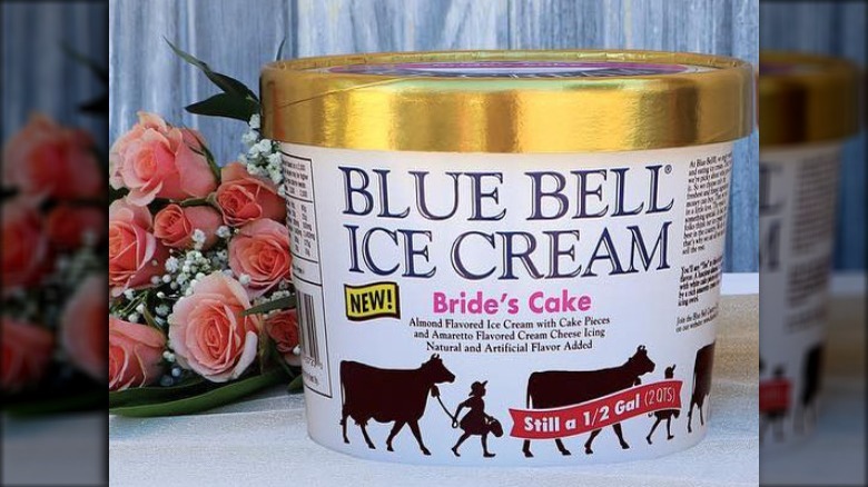 Blue Bell Bride's Cake Ice Cream Next to Flowers
