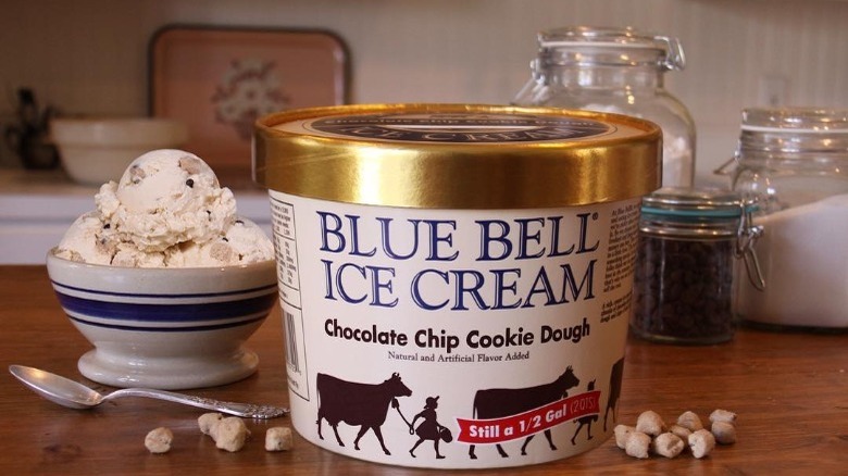 Blue Bell Chocolate Chip Cookie Dough Ice Cream Container and Bowl on Table