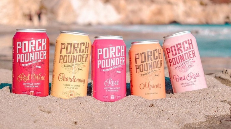 Can of Porch Pounder wine on the beach