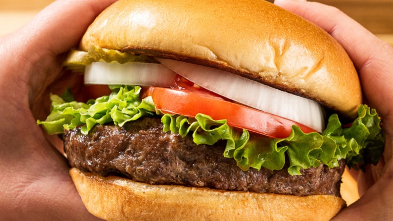 This Cheddar's burger is served with lettuce, tomato, onion, and pickle.