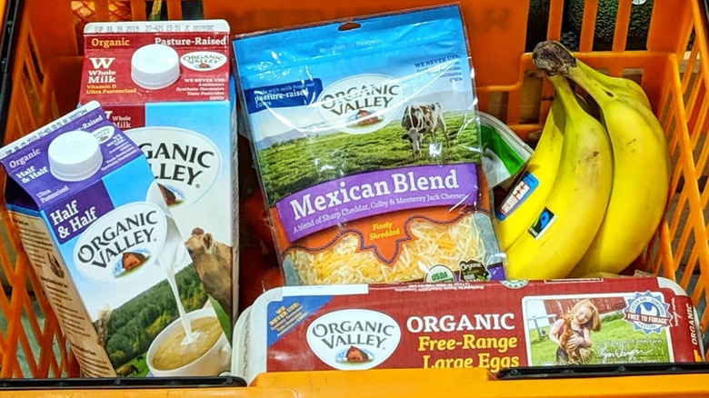 shopping basket full of organic valley products