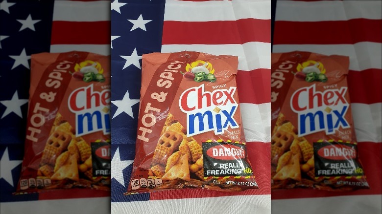 Bag of Hot & Spicy Flavor Chex Mix on an American Flag