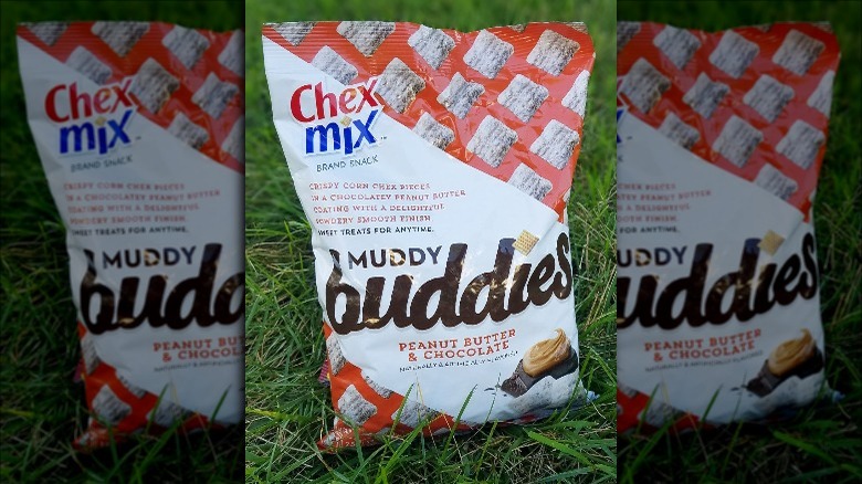 Bag of Chex Mix Peanut Butter & Chocolate Muddy Buddies on the Grass