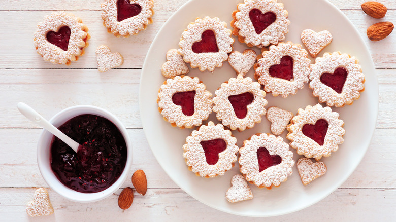 Linzer cookies on white plate