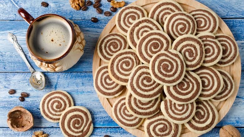 Pinwheel cookies on blue surface