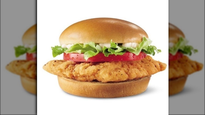 Crispy chicken sandwich on white background