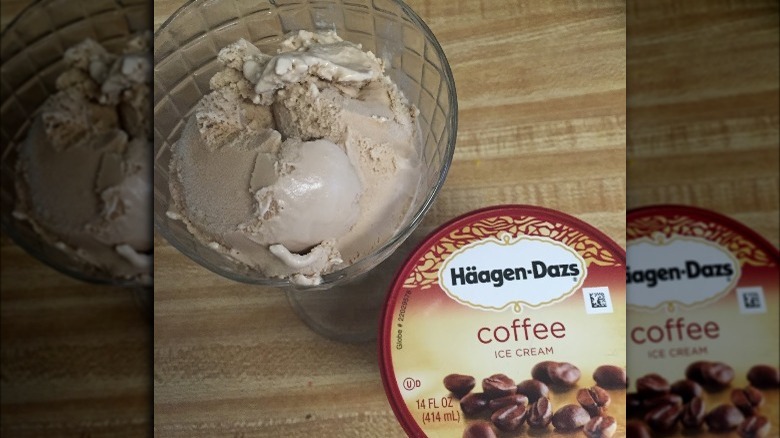 Bowl of Haagen-Dazs Coffee Ice Cream with Container Lid on Table