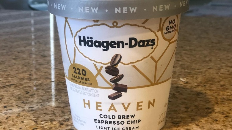 Haagen-Daz Cold Brew Espresso Chip Heaven Light Ice Cream Container on Counter