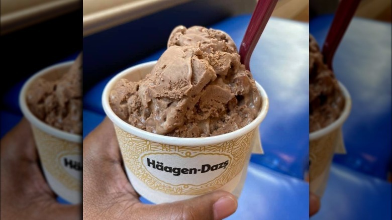 Cup of Haagen-Dazs Rocky Road Ice Cream with Spoon