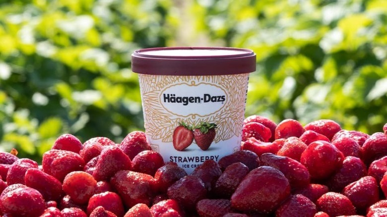 Pint of Haagen-Dazs Strawberry Ice Cream Sitting in a Pile of Fresh Strawberries