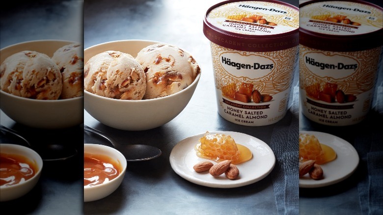 Haagen-Dazs Honey Salted Caramel Almond Ice Cream Container - Bowl with Two Scoops