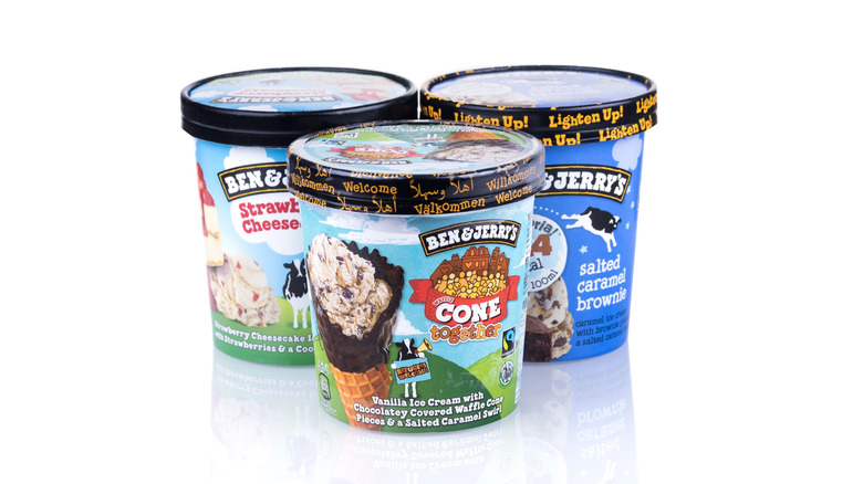 Three tubs of Ben & Jerry's ice cream